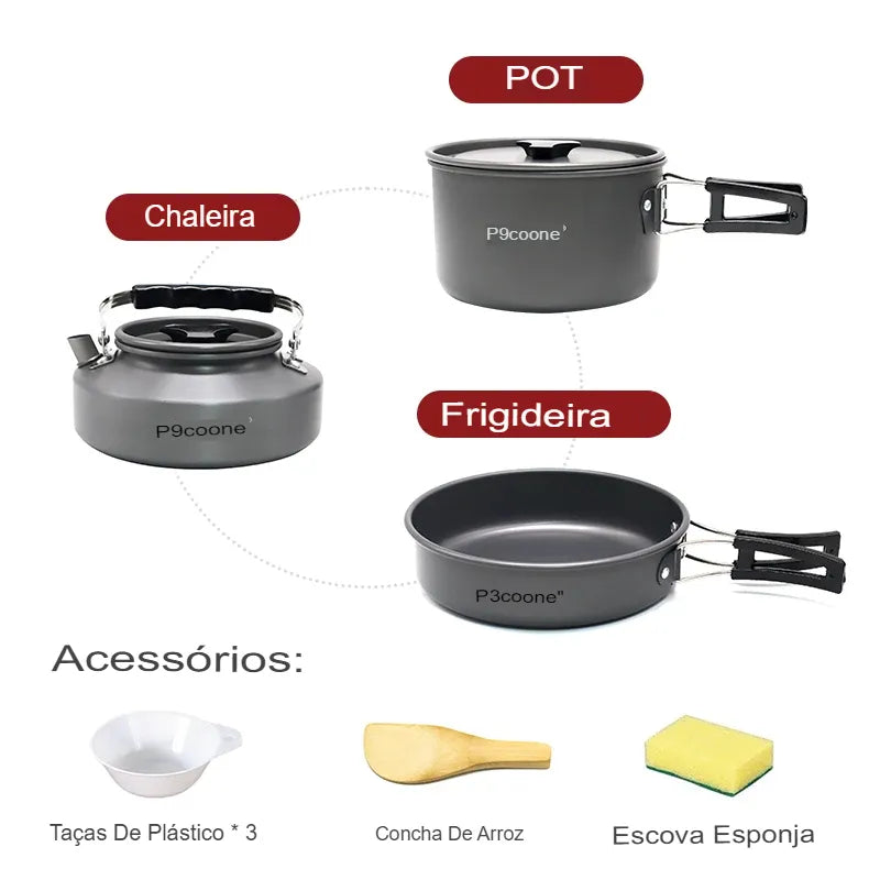 Kit Panelas Para Camping, Kit Cozinha Camping e Acampamento, Kit Cozinha de Trilha